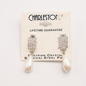 Teardrop Earrings Faux Pearl Rhinestone Crystal Surgical Steel Post Wedding Prom